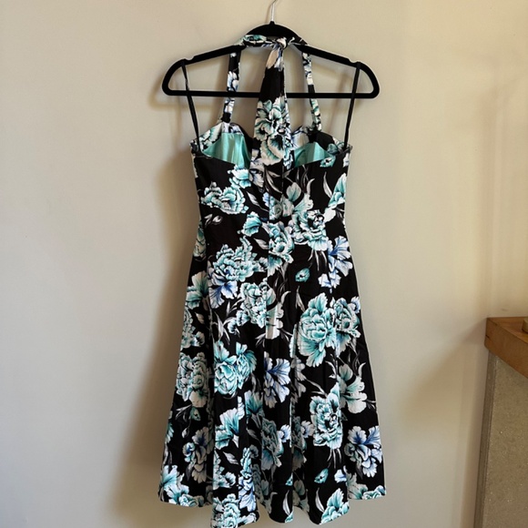Vintage Blue Black Floral Pin Up Style Halter Dress - Picture 3 of 7